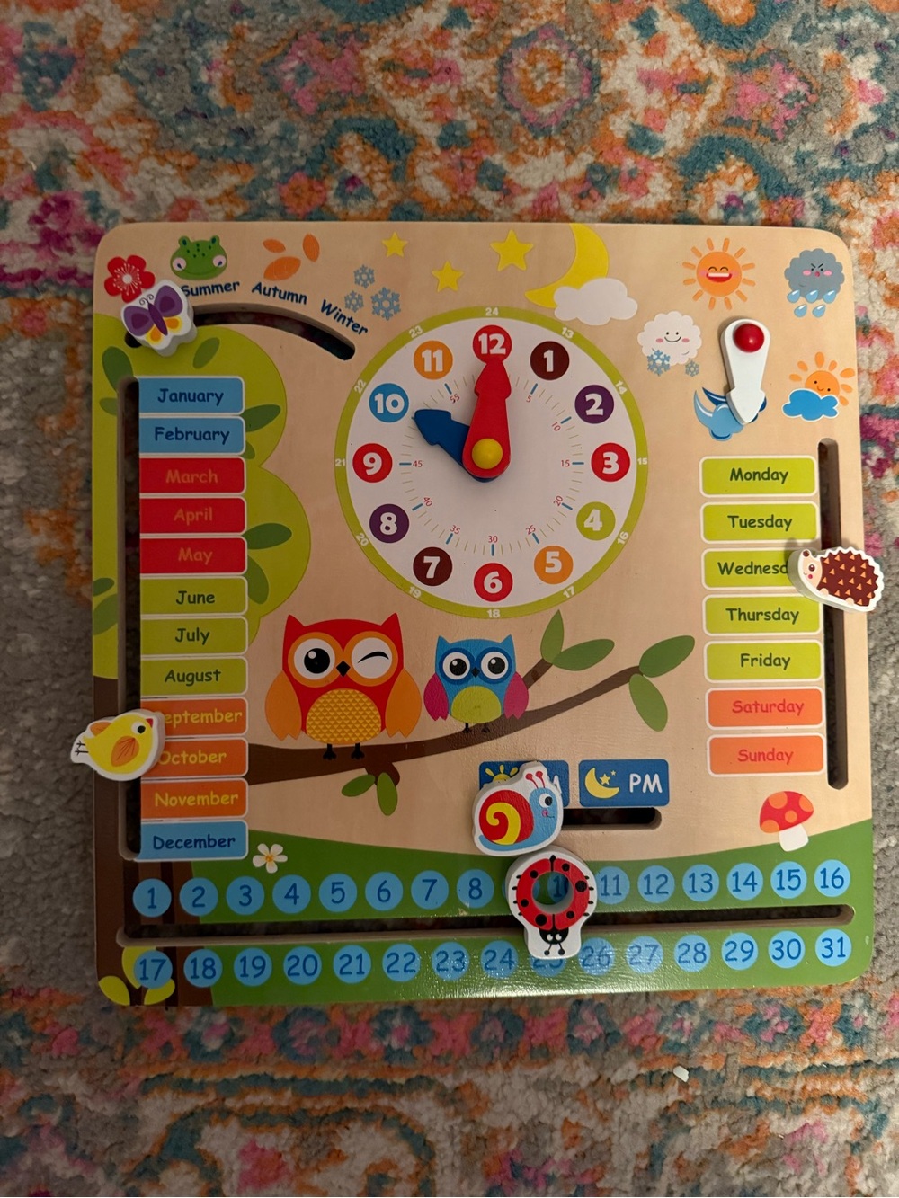 Wooden Kids Activity Board - Owl Calendar & Clock - Multicolor